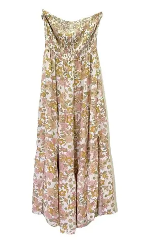 Petal and Pup  Strapless Retro Floral Midi Dress Tan Pink Cream Size 4 70s Boho