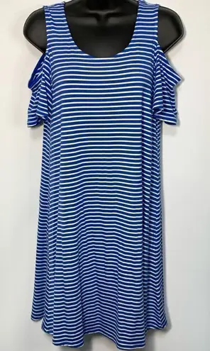 cupio Women's Striped Scoop Neck Cold Shoulder Shift Dress Blue & White Small