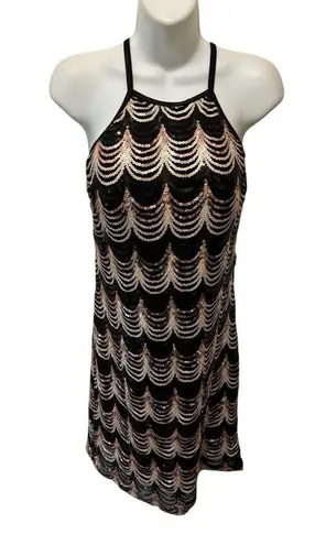 VTG Sequin Bodycon Party Dress Sz 11 JR High Neck Mini Stretch Homecoming Party Black Size L