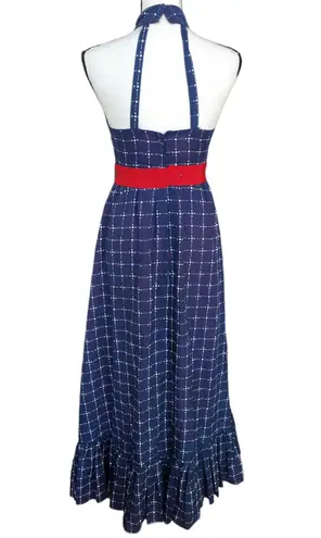 Vintage 70s House Of Bianchi Navy Blue Dot Check Maxi Dress Full Skirt Ruffle S