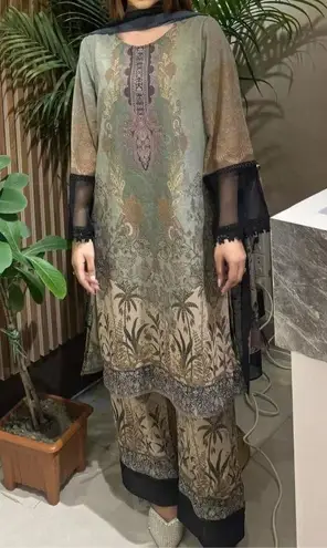 Bollywood design chiffon 3pc kamiz set Indian Pakistani Green Size L