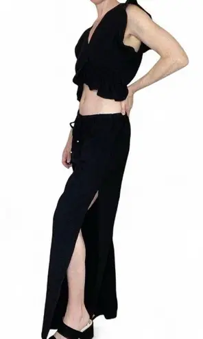 Fancyinn Black Bohemian Cropped Ruffle Blouse Slit Pant Beach Set