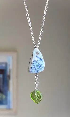 Handmade porcelain tea cup & Czech glass leaf unique fun fairy antique style necklace🫖🍃🌀