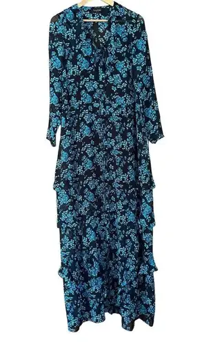 Saloni Izzie Dress Maxi Silk Chiffon Floral Print Semi Sheer Long Sleeve Size 2 Black