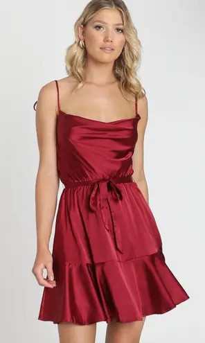 Showpo Like You Never Know Dress In Wine Satin 