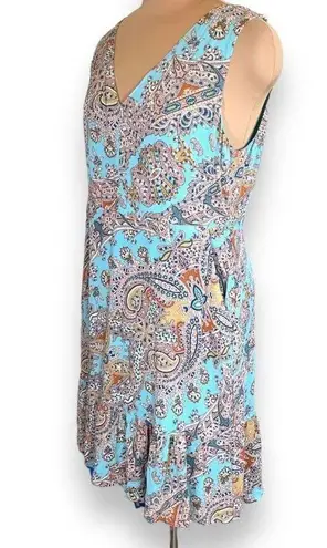 Cynthia Rowley  Dress Aqua Blue Paisley Print Flounce Hem Sleeveless Vneck Mini