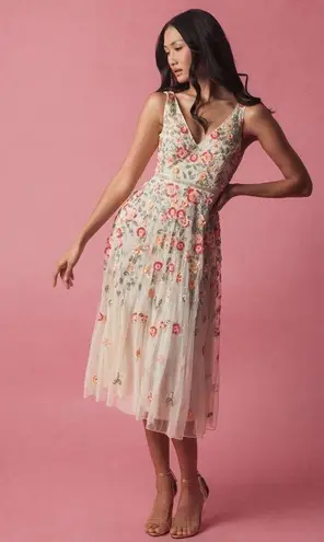 Mac Duggal 5527 Cream V-Neck Sleeveless Midi Floral Beaded A-line Dress $598