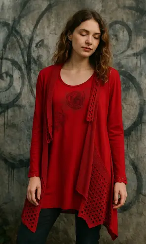 Pretty Angel Red Top sz L Silk Blend Artsy Boho Whimsigoth Rose Applique Crochet