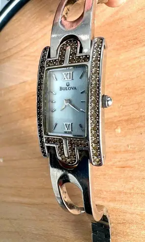 Bulova Watch Cubic Zirconia Quartz Mother of Pearl Face Stainless A8 Bracelet