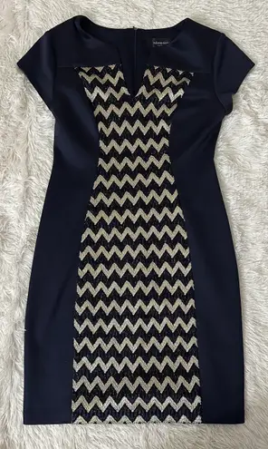 Connected Apparel Navy Sheath Metallic Chevron Split Neck Dress