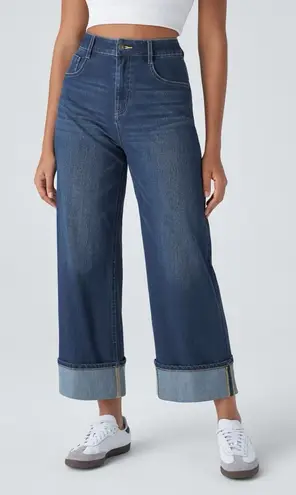 Halara Flex High Waisted Pockets Rolled Hem Wide Leg Washed Casual Jeans Large - Image 1