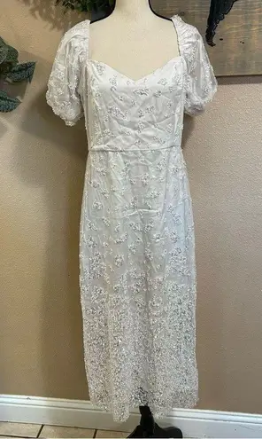 NWT Glorious Poise Ivory Sequin Pearl Puff Sleeve Midi Dress White Size L