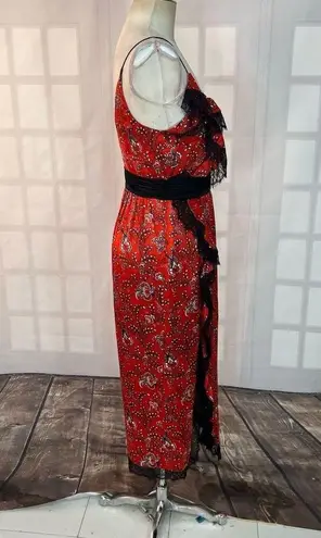 Cinq à Sept Cinq a sept Petra red silk bandanna black lace trim midi slip dress size 4