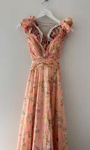 Mac Duggal Pink Floral Chiffon Ruffle Gown