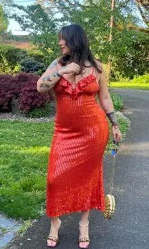 If By Sea Orange Sequin Midi Dress