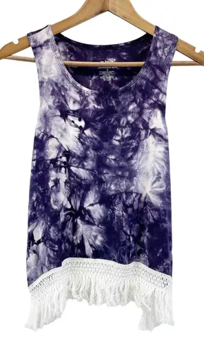 NEW Suzzi Womens S Tank Top Bohemian Tie Dye Purple White Fringe Summer