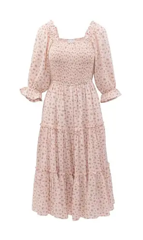 NWT Ivy City Co. Madeline Midi in Pink Floral Smocked Cotton Dress L Size L