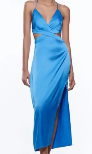 ZARA Blue Satin Cut-out Midi Dress