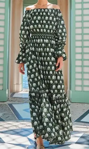 Agua by Agua Bendita Almendra Maxi Dress Perla Off Shoulder Green White L NWT Size L