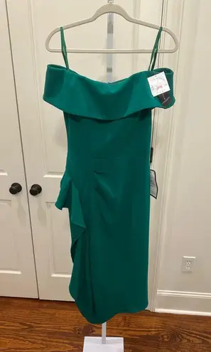 Betsy and Adam Off-the-Shoulder Stretch Crepe Drape Front Sheath Midi Dress