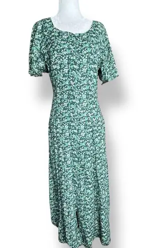 Vintage 90s All That Jazz Green Liberty Floral Midi Dress Tie Back Flowy