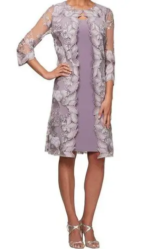 Alex Evenings Elongated Lace Mock Jacket Jersey Sheath Dress Smokey Orchid 16