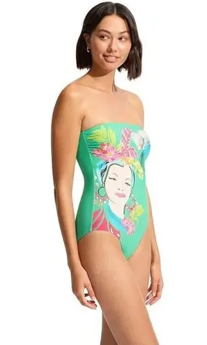 Seafolly Womens Bandeau One Piece Swimsuit with High Cut Leg, Tropica Jade 8 NWT