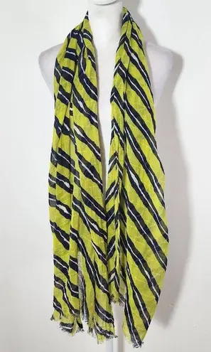 Navy and Lime Green Woven Boho Scarf Lightweight Frayed Edge Striped Scarf
