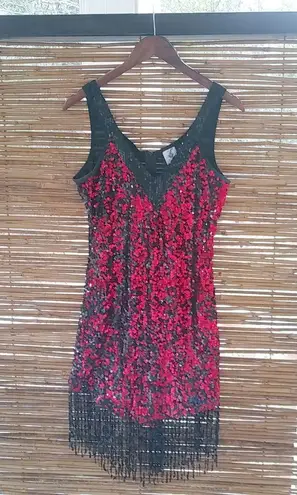 Spirit S/M Halloween Costume Fringe Red Black Flapper Dress w Beaded Frunge