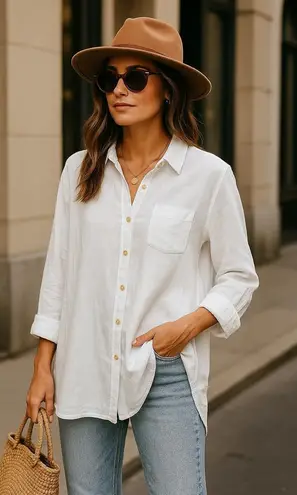 Flax Linen Tunic White Button Down Long Sleeve Collared Relaxed Coastal Chic SzL