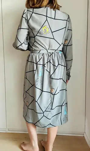 Vintage 80s Day Dress Size Med Grey Graphic Print Midi Length Office Made USA Gray