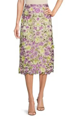 Muse by Marchesa Cynthia Floral Novelty Embroidered Pencil Midi Skirt US 0 NWT Purple