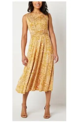 Perceptions L New Sleeveless Belted Navy Tan Polka Dot Midi Dress