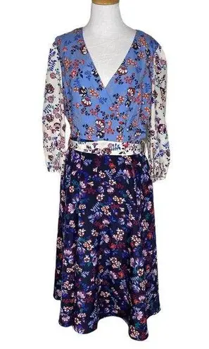 1901 Colorblock Floral V Neck Faux Wrap Tie at the Waist Dress Size 12