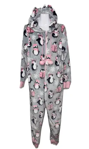 Munki Munki Ladies' Luxe Plush Hooded One Pc Pajama Penguin Gray/Pink Sz L