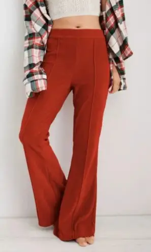 Aerie Groove On Sundried Rib Velour Flare Pintuck Lounge Retro Pants Sz XS Short Orange