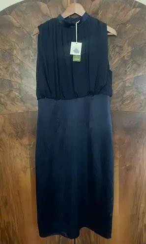 LILYSILK Pleated Sleeveless Silk Midi Dress Navy Blue NWT NWD Size 14 Mulberry