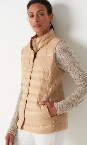 J. Jill Down Vest Size Large Quilted & Smocked Puffer Winter Fall Lightweight Tan