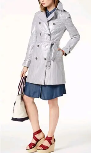 Tommy Hilfiger  Coated Gray Striped Double Breasted Trench Coat Size L - Image 1