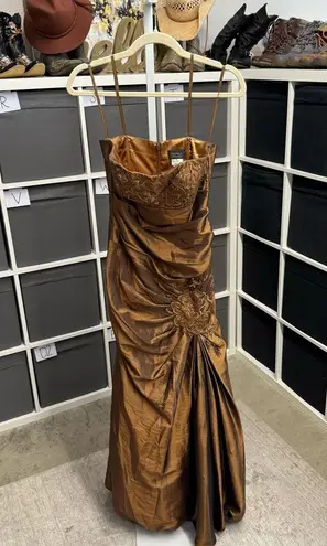 Sally USA Vintage Y2K Copper Satin Rhinestone Brown Strapless Formal Gown