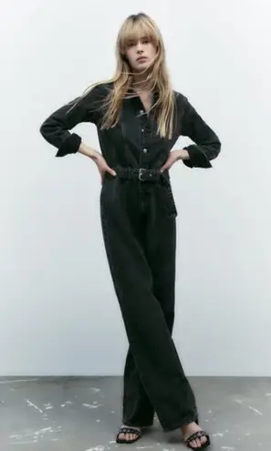 ZARA Black Denim Wide Leg Jumpsuit