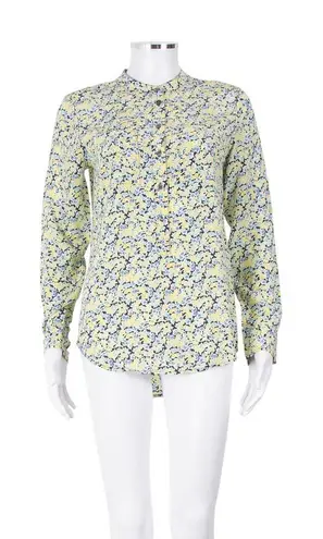 Equipment Femme Micro Floral Print Collarless Blouse Blue and Yellow Size XS
