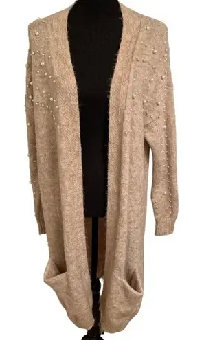 Long Duster With Pearl Accents Tan Size Small