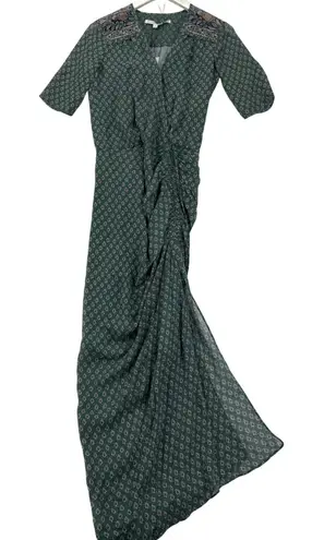 Veronica Beard Mariposa Dress Green Multicolor Print Ruched Wrap Maxi Size 0