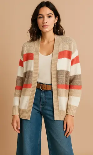 Women's Oversized Striped Open Front Cardigan Sweater Neutral Coral Cozy Knit Size L