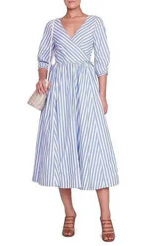 Staud Jodie Midi Wrap Dress Sea Stripe Size Small Bridal Wedding Guest Picnic Blue