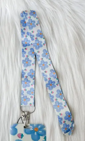Floral and strawberry lanyard with Id/ card holder Blue
