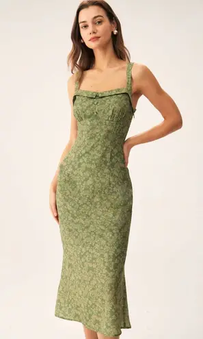Rihoas Green Floral Square Neck Slip Midi Dress Size XS