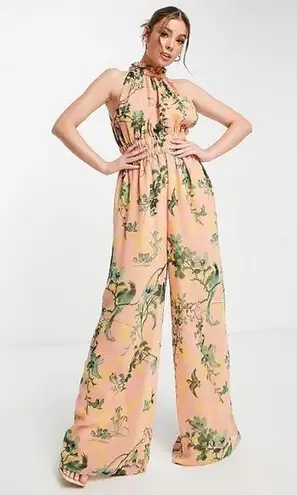 ASOS DESIGN Maternity Chiffon Gathered Waist Halter Jumpsuit In Floral Print 12 Orange Size undefined