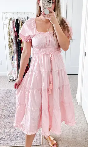 Moon River Light Pink Babydoll Peasant Midi Dress